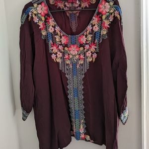 Johnny Was Burgendy Embroidered Top Blouse Tunic Large